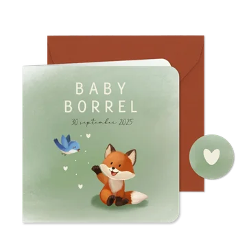 Uitnodiging babyborrel vosje hartjes vogel 